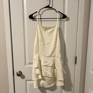 Miss Rosier Lyna White Satin Ruffled Mini Dress with Shawl Panel Detail